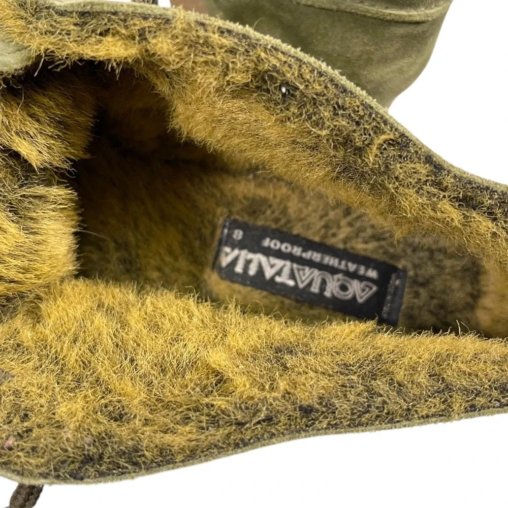 Aquatalia 8 Green Suede Weatherproof Faux Fur Lined Ankle Boots Gorpcore Cabin